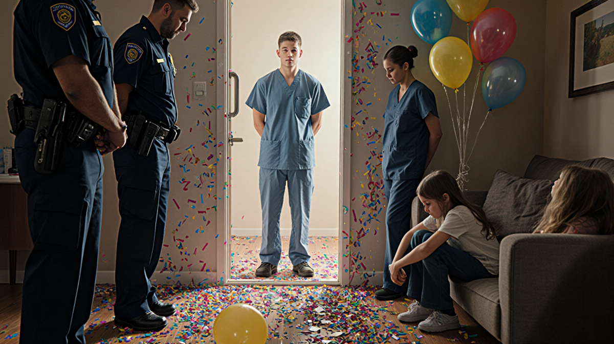 Shattered birthday balloons fall with confetti while a police officer watches and a handcuffed suspect sits