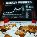 Bitcoin price chart showing $95K with weekly winners text above distressed map with red tariff flags