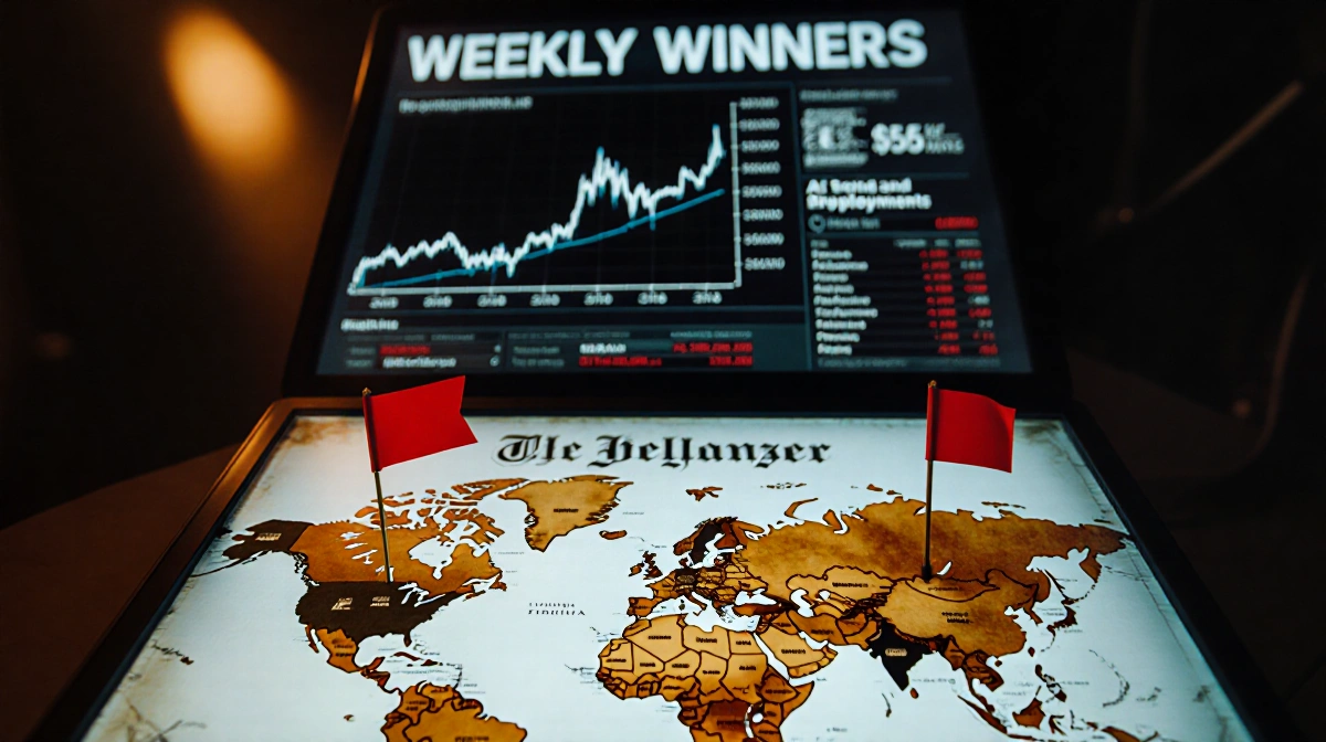 Bitcoin price chart showing $95K with weekly winners text above distressed map with red tariff flags