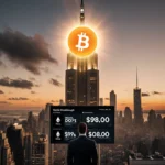 Business professional stands before digital screen showing Bitcoin price at $98,000 with glowing Bitcoin logo on skyscraper a