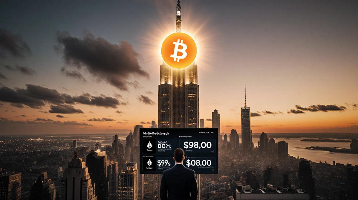 Business professional stands before digital screen showing Bitcoin price at $98,000 with glowing Bitcoin logo on skyscraper a