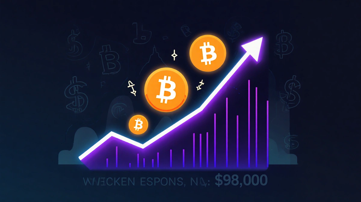 Bitcoin price line surging upward through 98000 with neon chart on dark background and dollar signs