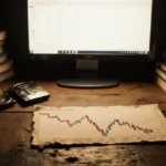 Bitcoin bear flag chart glows on weathered wood with old hard drives and financial books nearby