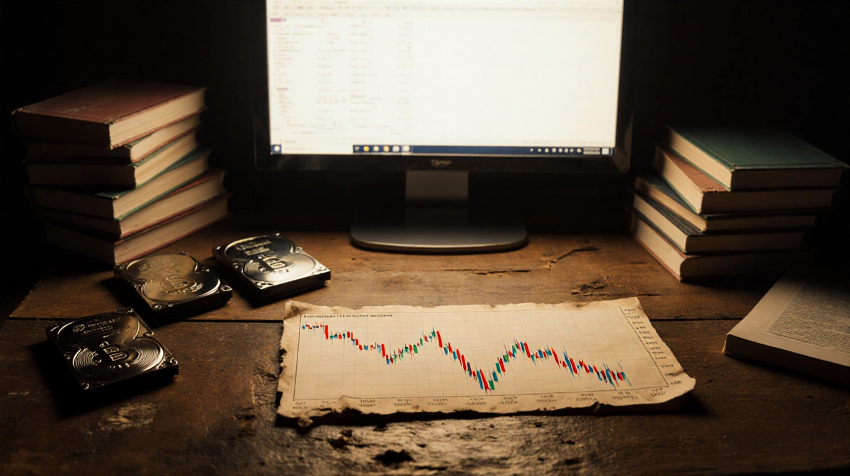 Bitcoin bear flag chart glows on weathered wood with old hard drives and financial books nearby