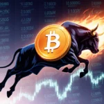 Bitcoin price chart soaring upward with fiery orange glow and $96000 milestone showing on financial background