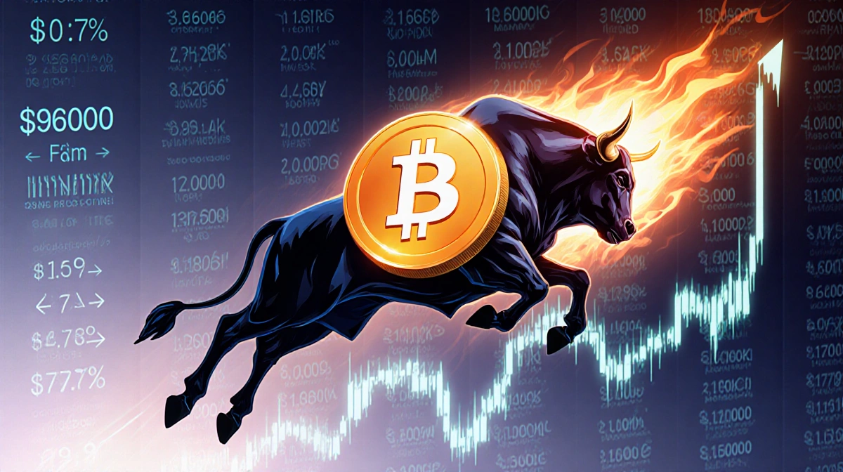 Bitcoin price chart soaring upward with fiery orange glow and $96000 milestone showing on financial background
