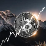Bitcoin price chart rising upward with glowing halo near mountain peaks and distant city skyline
