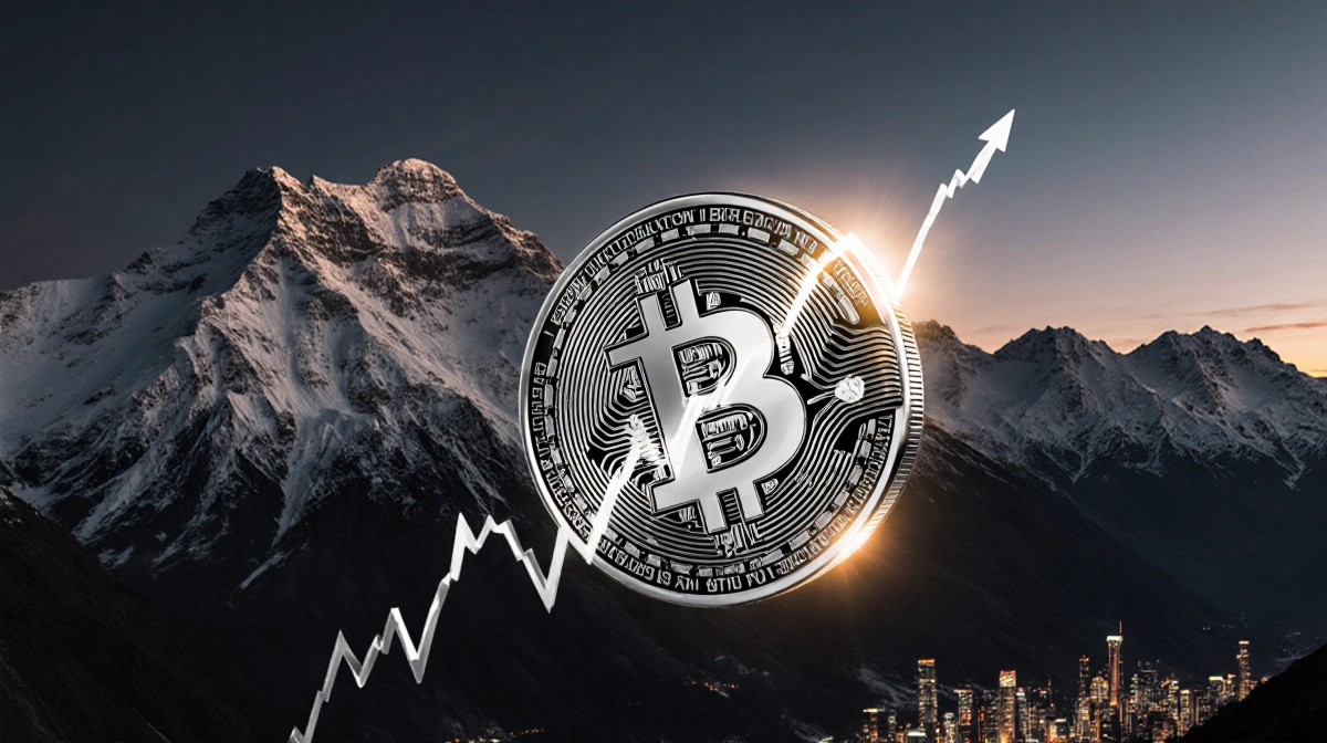 Bitcoin price chart rising upward with glowing halo near mountain peaks and distant city skyline