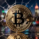 Bitcoin logo glints with cracked glass reflecting city lights and trading floor colors at dusk