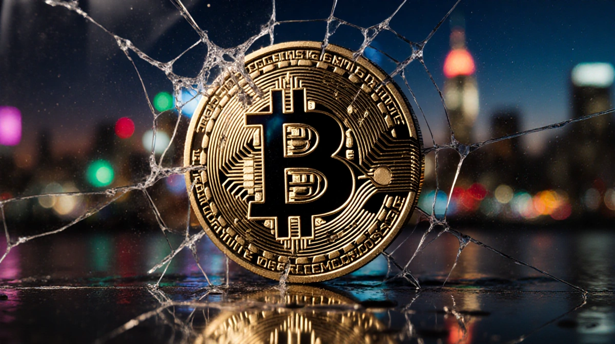 Bitcoin logo glints with cracked glass reflecting city lights and trading floor colors at dusk