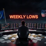 Distressed investor slumps at trading desk with Bitcoin price ticker showing weekly lows and crashing altcoin charts