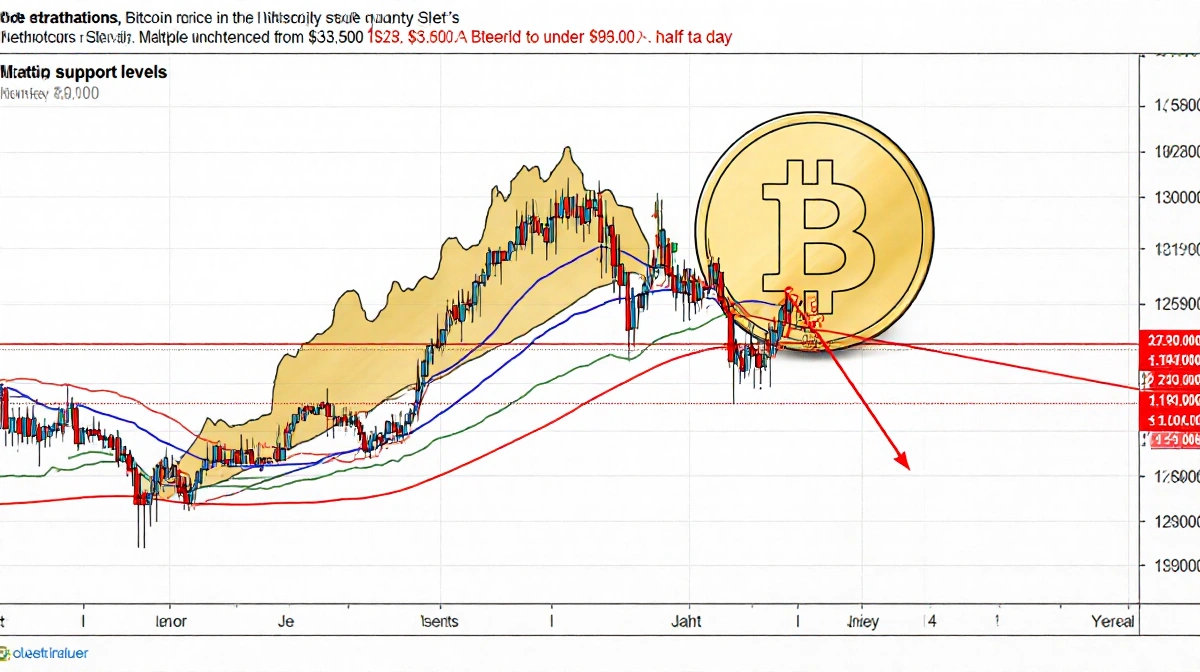 Bitcoin price crashing below key support levels with red line showing steep drop and gold rising with golden chart line showi