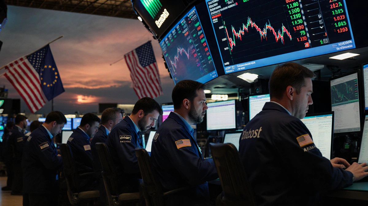 Anxious traders frantically typing on laptops with Bitcoin prices crashing on screens and US EU flags behind