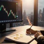 Trader monitors crashing Bitcoin price chart with ledger showing transactions and city skyline behind