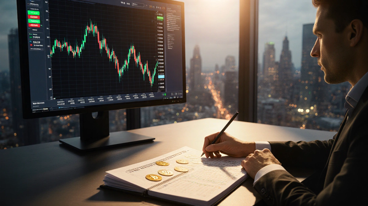 Trader monitors crashing Bitcoin price chart with ledger showing transactions and city skyline behind