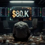 Lone investor stares at Bitcoin screen showing 88000 with empty chairs and coffee cups scattered across dark trading floor