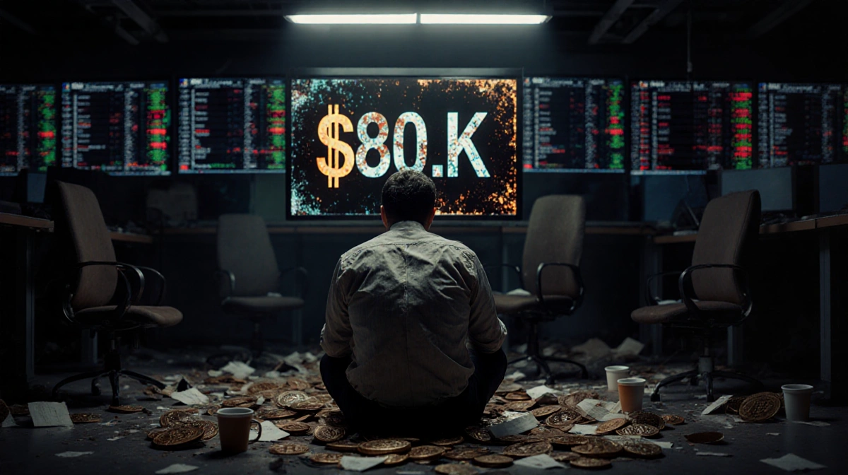 Lone investor stares at Bitcoin screen showing 88000 with empty chairs and coffee cups scattered across dark trading floor