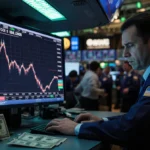 Trader watches Bitcoin price crash with yen and dollar bills on desk