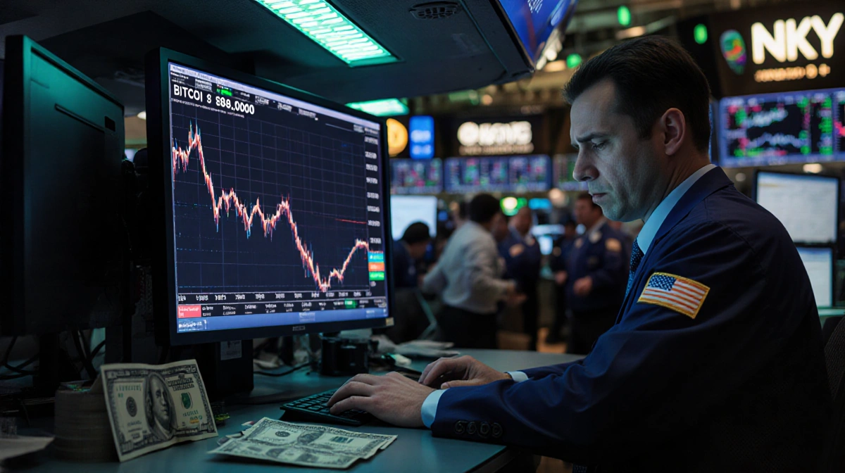 Trader watches Bitcoin price crash with yen and dollar bills on desk