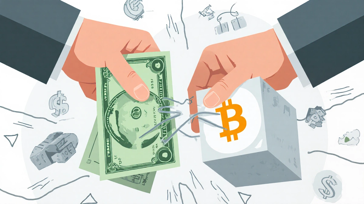 Hands squeezing dollar bill with Bitcoin block nearby showing liquidity squeeze