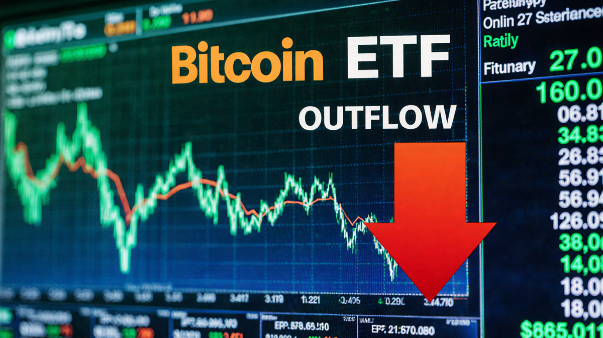 Ticker screen showing Bitcoin ETF outflow with red arrow downwards indicating $147 million on Jan 27 against blue-green downt