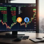 Trading room shows Bitcoin at $92000 and Ethereum at $3150 on large screen with Tokyo cityscape through window