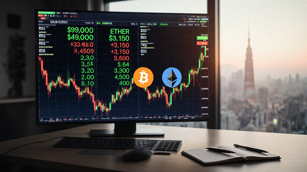 Trading room shows Bitcoin at $92000 and Ethereum at $3150 on large screen with Tokyo cityscape through window