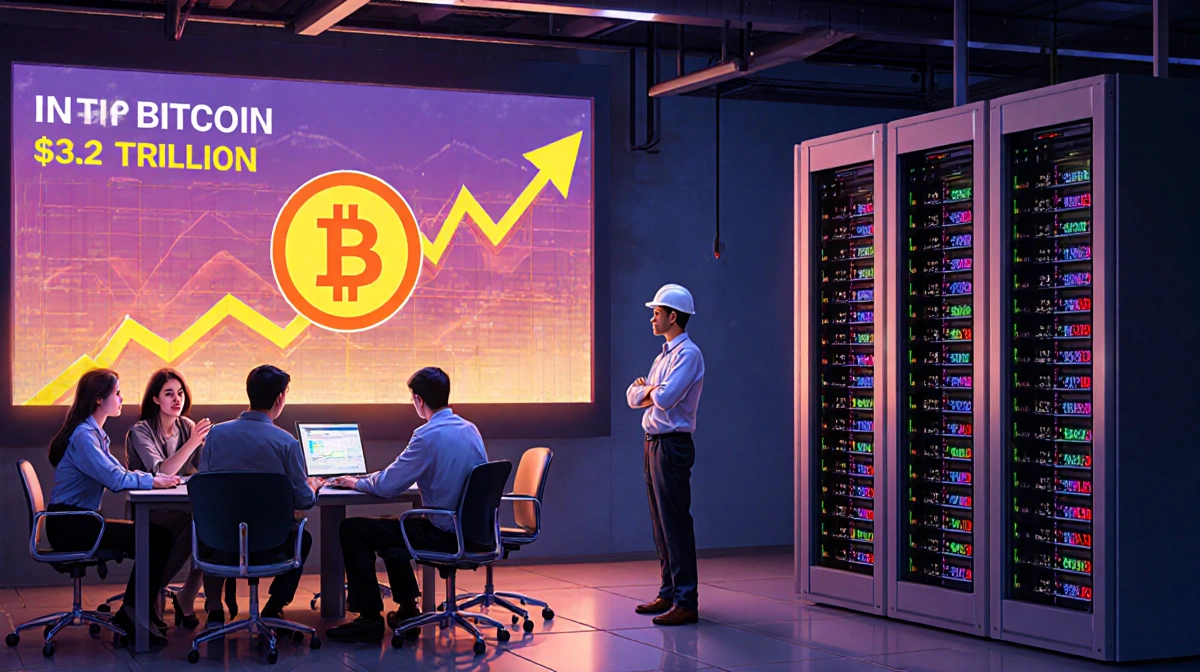 Institutional investors discussing Bitcoin market data with trading floor screens showing $3.2 trillion market cap and miner 