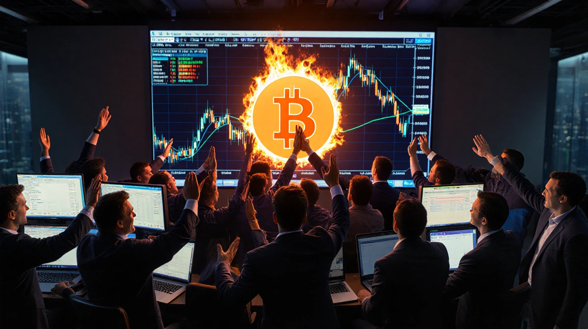Traders celebrate Bitcoin futures surge with rising price chart glowing on wall screen
