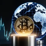Bitcoin price chart wraps around rotating globe with golden Bitcoin logo on pedestal