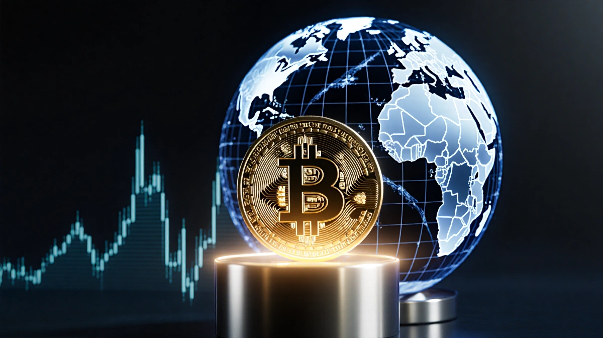 Bitcoin price chart wraps around rotating globe with golden Bitcoin logo on pedestal