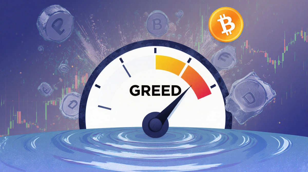 Bitcoin Fear and Greed meter needle pointing to Greed with ripples hinting at market shift