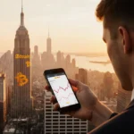 Person checks Bitcoin price chart on phone with city skyline and crypto ads behind them showing concern