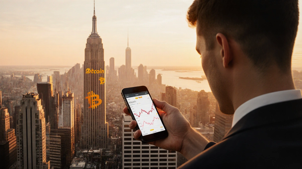 Person checks Bitcoin price chart on phone with city skyline and crypto ads behind them showing concern