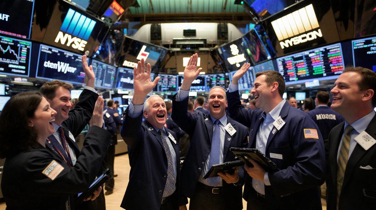 Investors celebrate Bitcoin price surge with high-fives and handshakes under bright trading floor screens