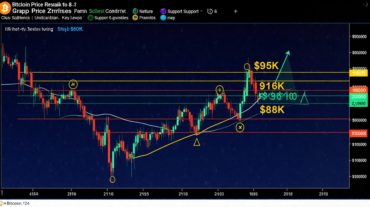 Bitcoin price chart showing key support and resistance levels at 95K 91K and 88K with horizontal lines and indicators
