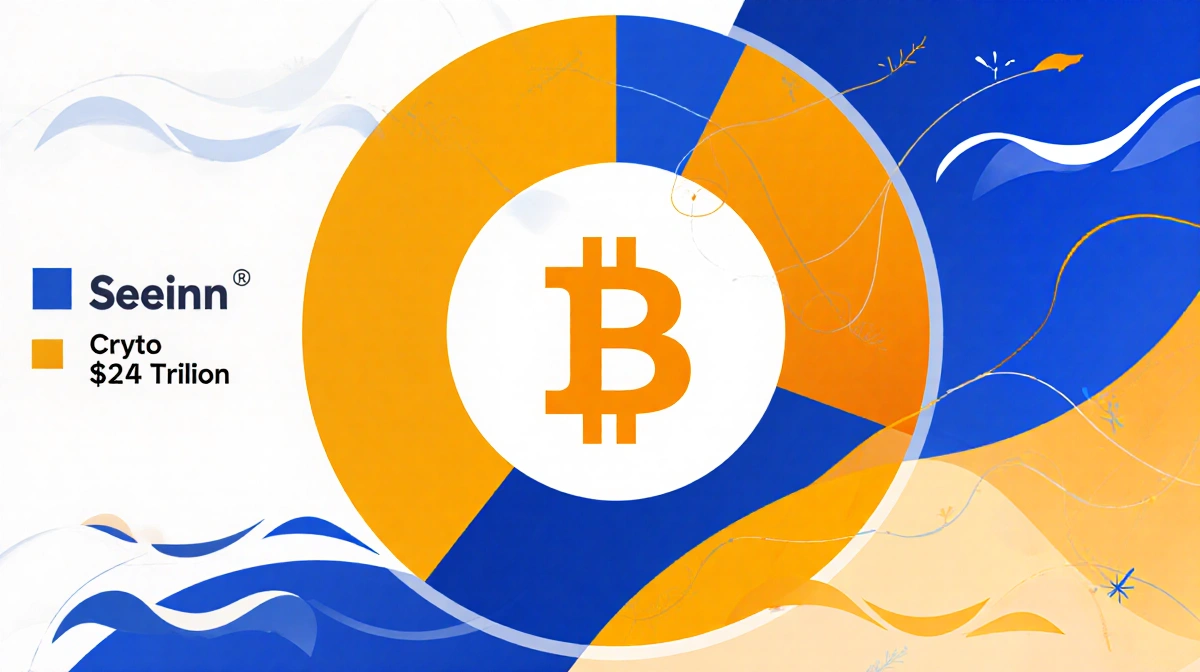 Bitcoin dominates a circular pie chart showing 57% market share with waves radiating from center and bold geometric colors