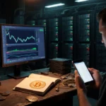 Bitcoin miner checking phone with server racks and cryptocurrency charts glowing on monitor