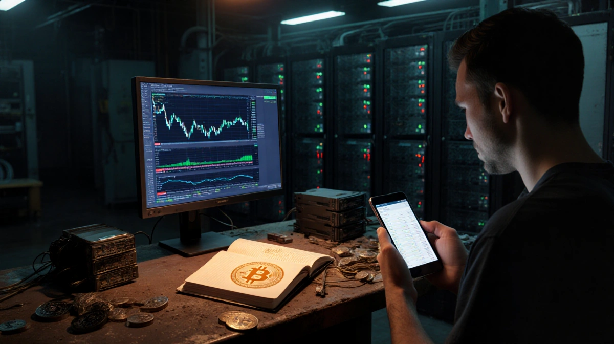 Bitcoin miner checking phone with server racks and cryptocurrency charts glowing on monitor