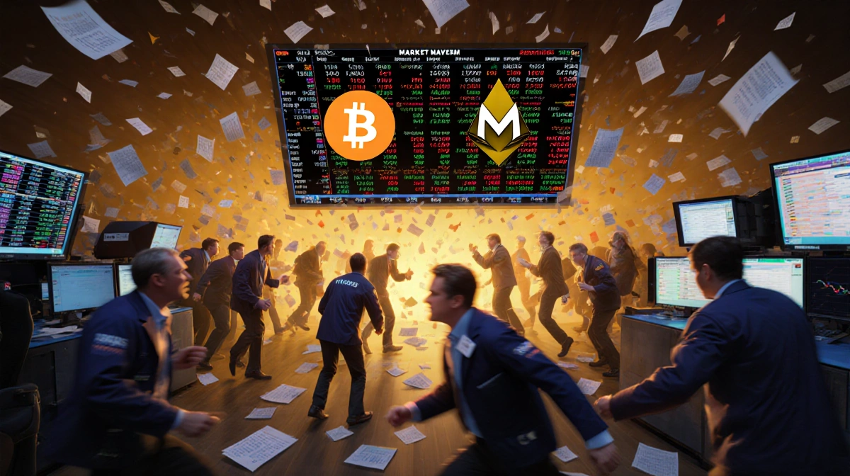 Traders rush across stock market floor with Bitcoin and Monero ticker symbols flashing on central screen