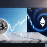 Silver Bitcoin coin rests on marble desk with glowing halo while Monero logo spins in dark blue vortex showing crypto market