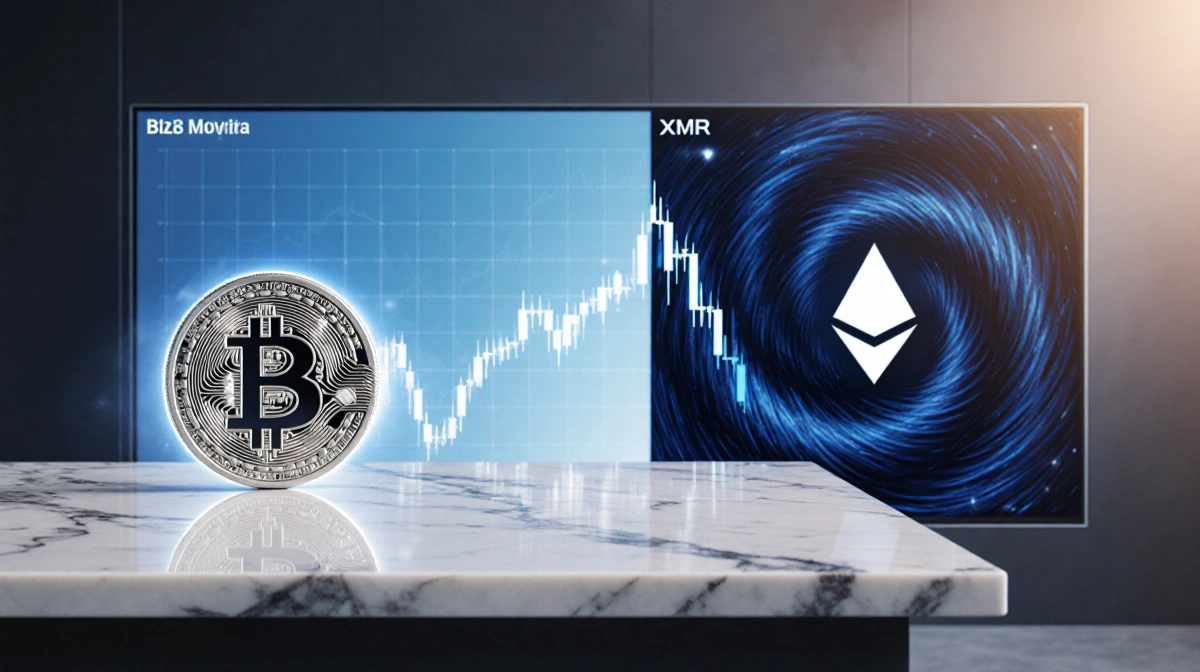 Silver Bitcoin coin rests on marble desk with glowing halo while Monero logo spins in dark blue vortex showing crypto market