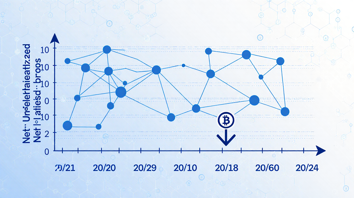 Graph depicting Bitcoin NUPL decline with blue nodes linked blockchain pattern and a downward arrow.