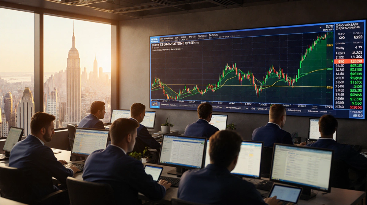 Traders analyzing Bitcoin options charts with laptops and tablets showing real-time crypto market data