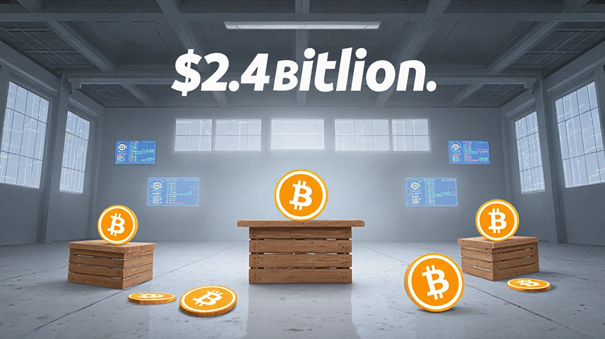 Empty trading floor displays $2.4 billion Bitcoin options expiry with scattered contracts on crates and ticker symbols glowin