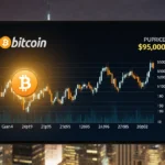 Bitcoin price chart showing $95000 with city skyline and glowing lights in background