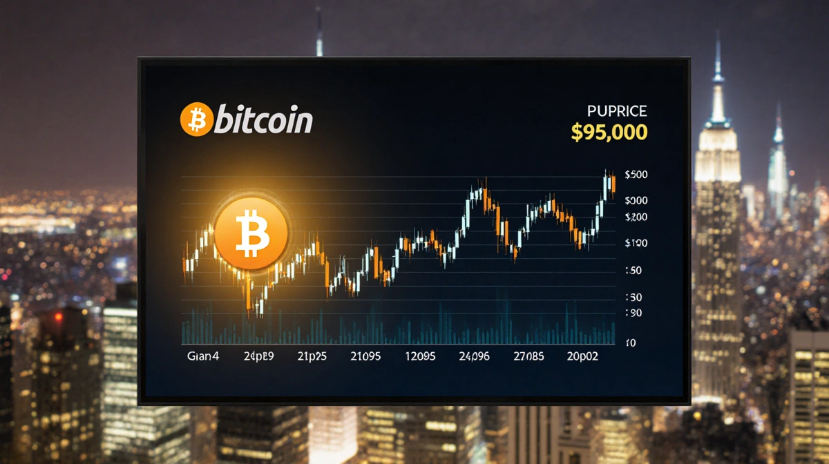 Bitcoin price chart showing $95000 with city skyline and glowing lights in background
