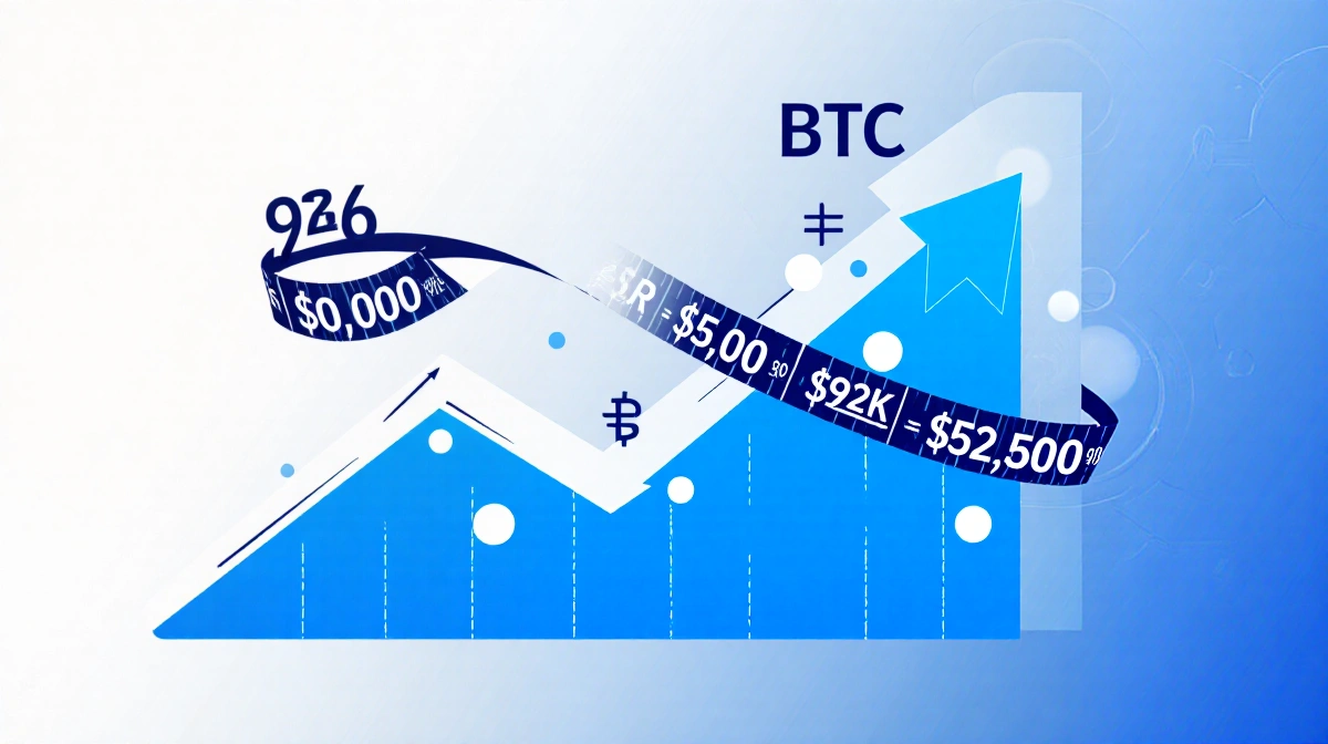 Bitcoin price line climbing past 90000 with bright blue ticker tape reading BTC and 92K against blue gradient