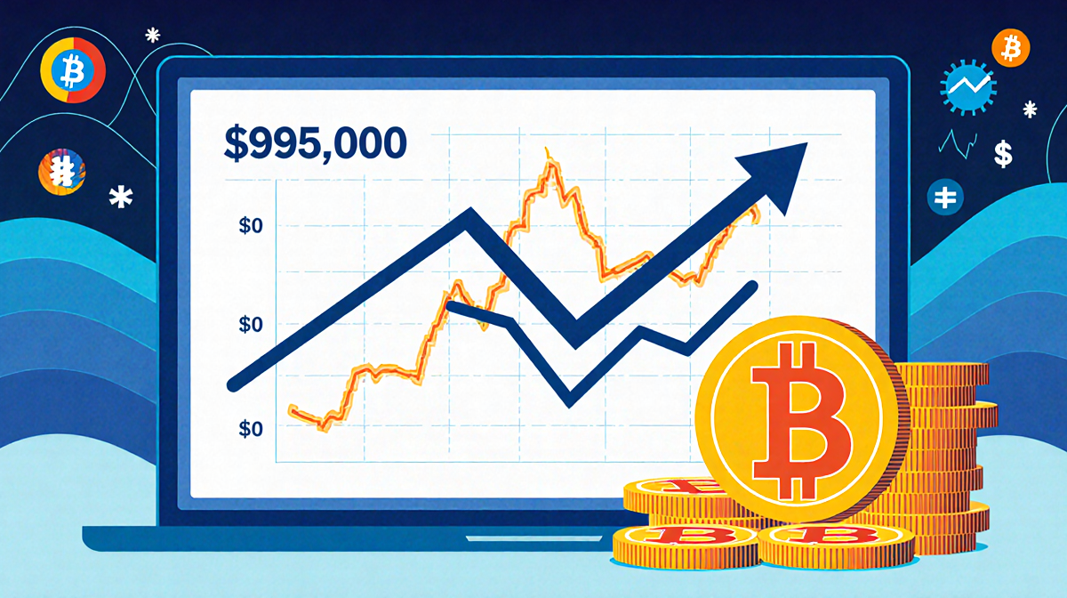 Bitcoin price chart drops from 95,500 to 92,000 with bright wave background and sudden upward recovery with market icons