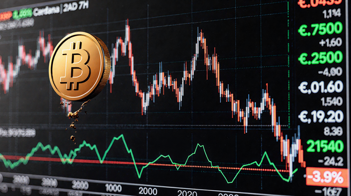 Bitcoin ticker screen showing steep decline with bold -3.7% and faint Ripple and Cardano charts in background